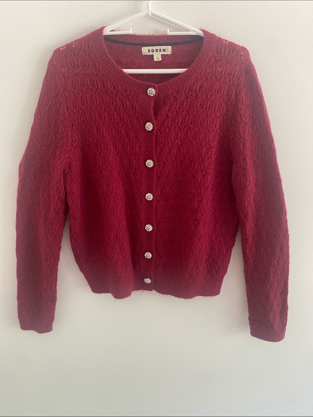 Boden Pontinelle Jewelled Button Wool Blend Cardigan Burgundy LARGE - Picture 2 of 10